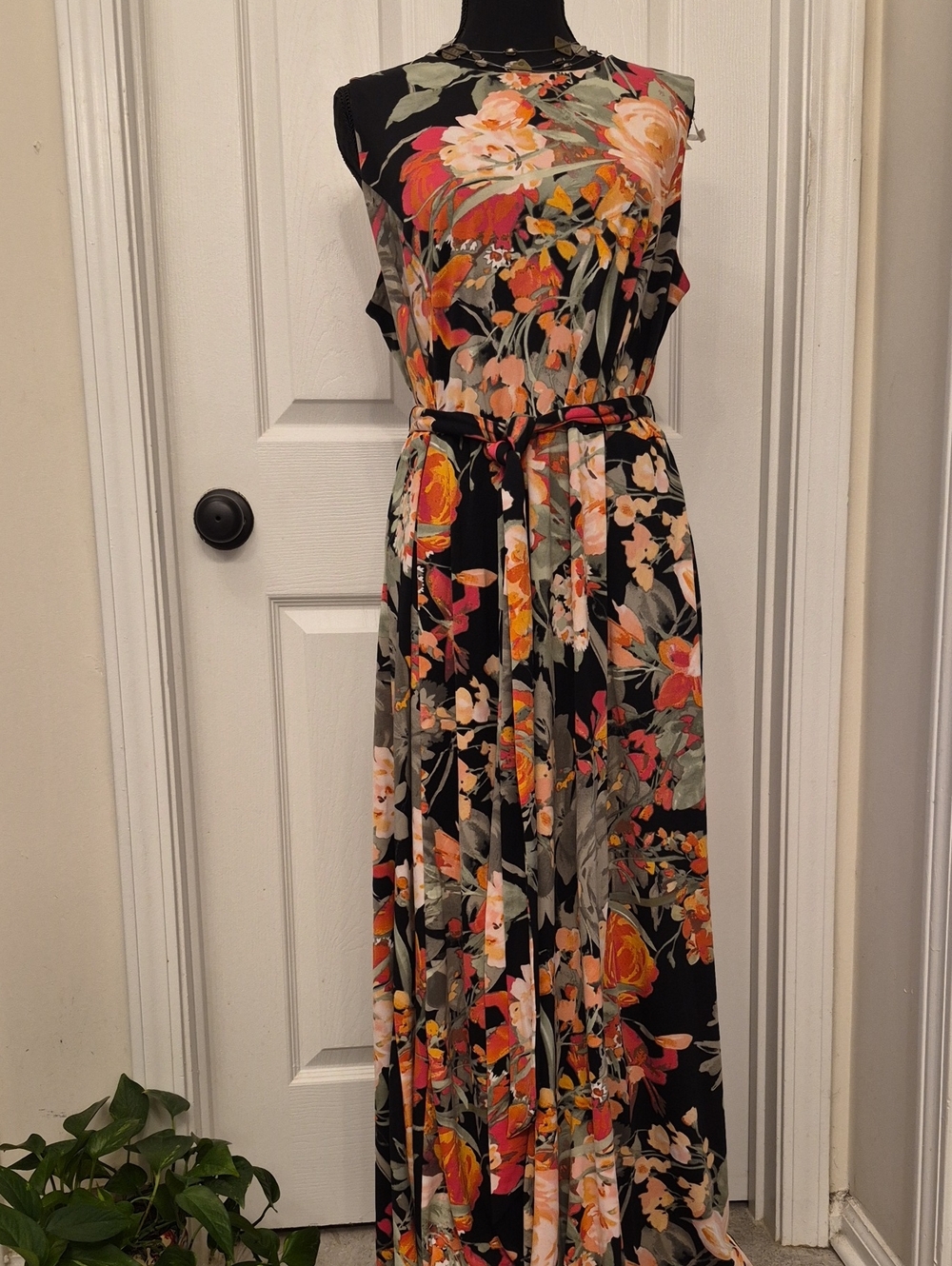 Shelby & Palmer Black Floral Maxi Dress with Peach and Green Accents
